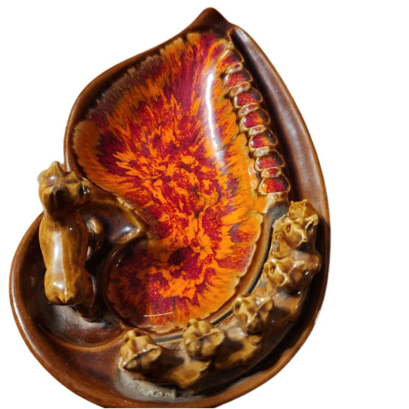 California Pottery MCM Signed  Ashtray Gold Red Orange Drip Boxer Dogs - Picture 8 of 14